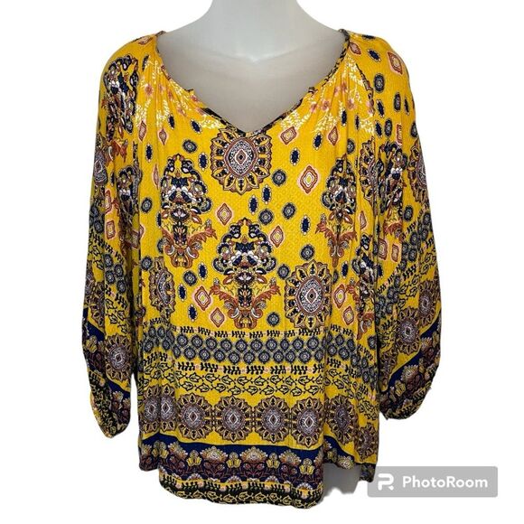 Renee C. Yellow Paisley Print 3/4 Sleeve Blouse Size Large - Picture 1 of 7